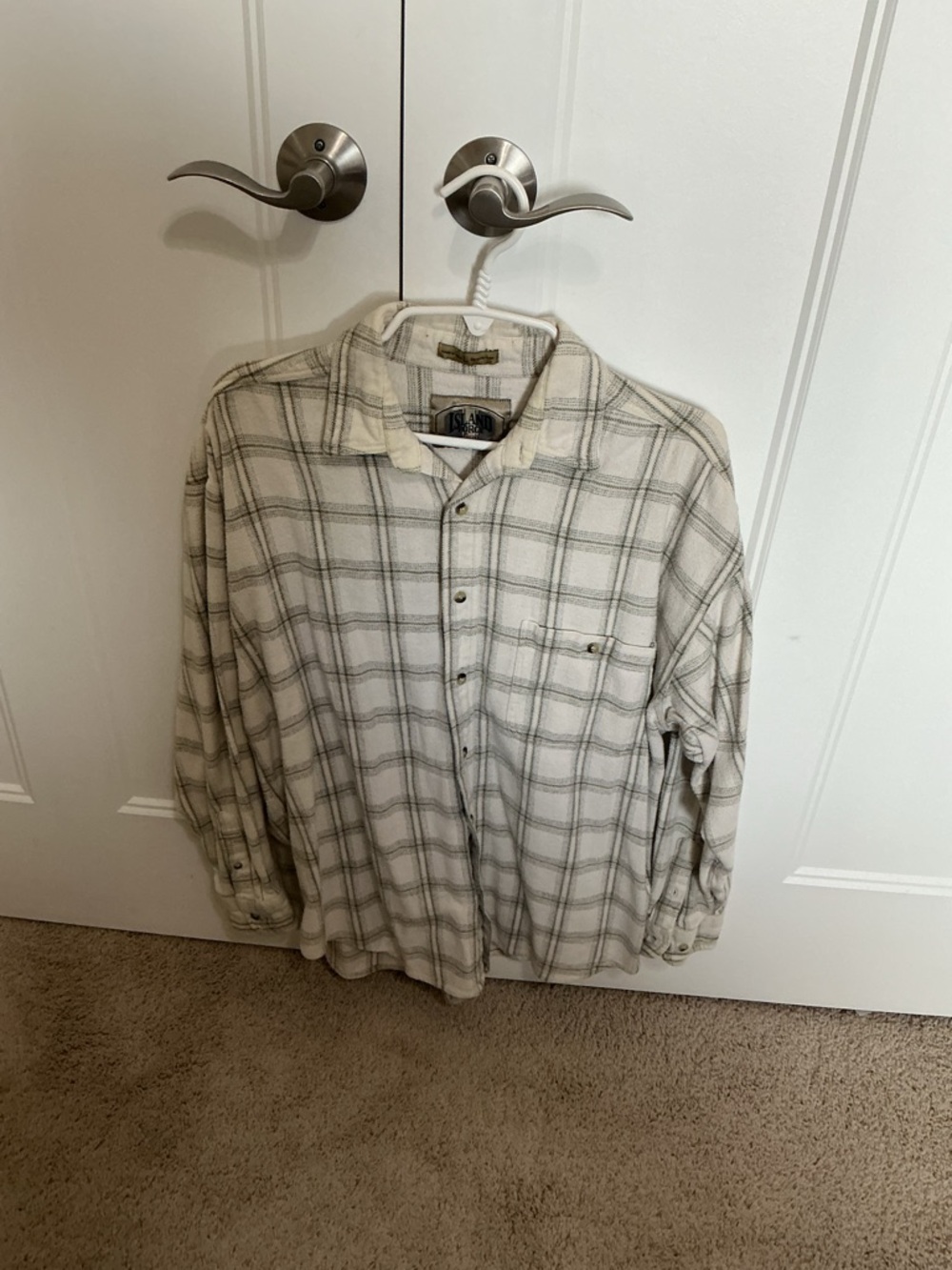 Vintage. Y2K. Men's flannel Button-Up Shirt — Cream & Gray size large